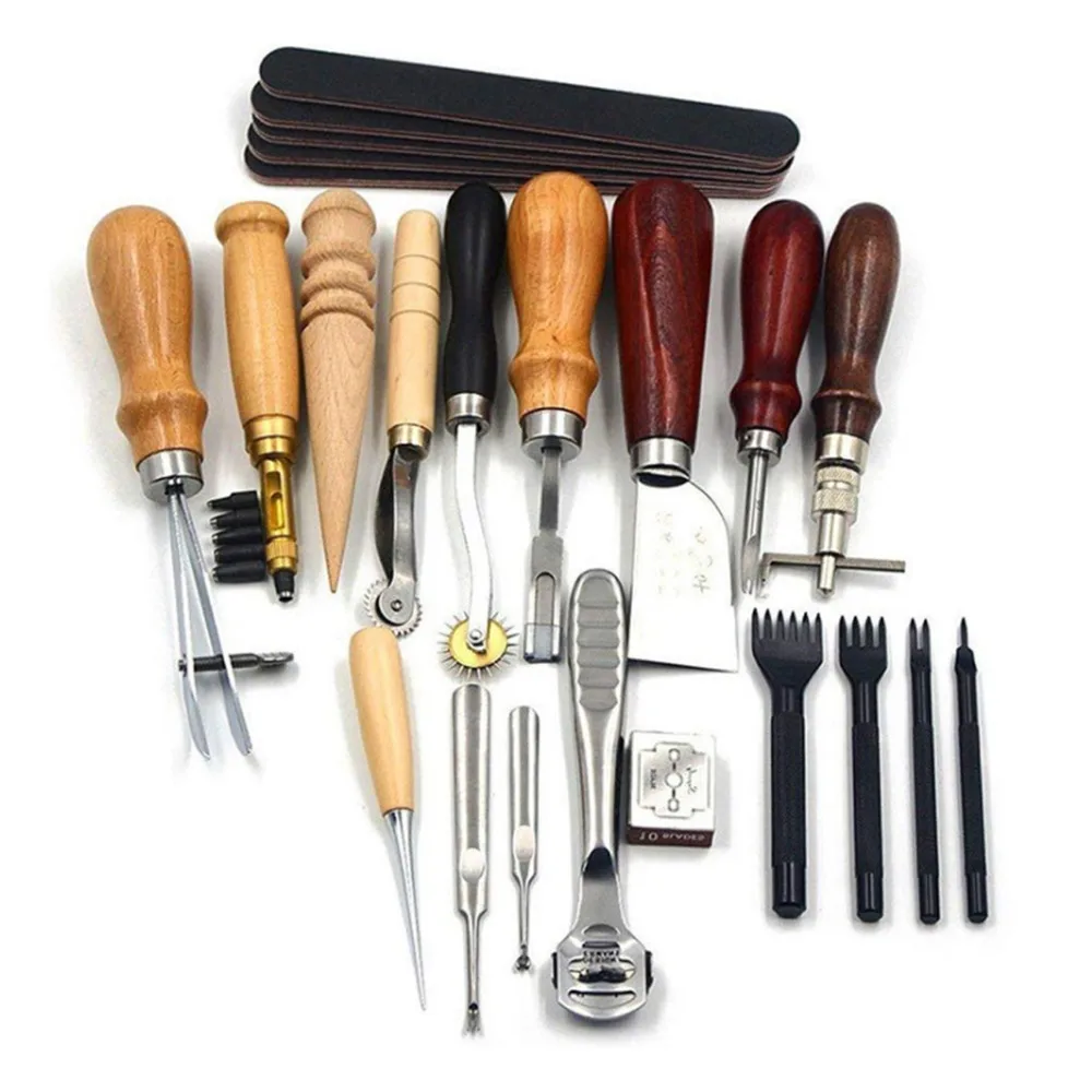 23pcs Awl Stylus Leather Craft Punch Tools Waxed Thread Carving Stitching Leather Sewing Kit Thimble Included