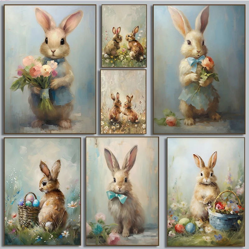 

Винтажные постеры в стиле бохо, кролик, деревенский заєць, цветы, принт, холст, живопись, настенные художественные фотографии с животными, пасхальный фермерский дом, домашний декор