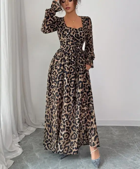 

Elegant Leopard Print Long Sleeved Dress for Women, Autumn/winter 2025