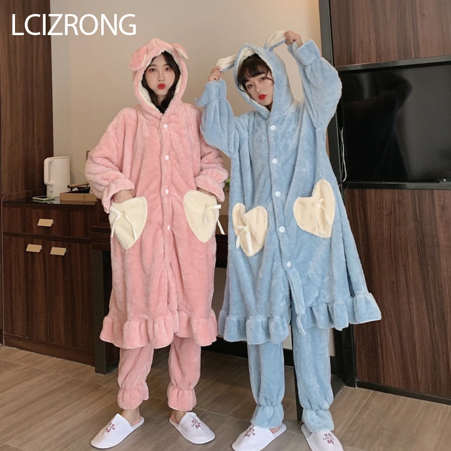 Winter Fashion Warm Thick Hooded Pajamas For Women Cute Ear Sweet Girl Loose Robes Long Pants Homewear Clothes Pijama Mujer