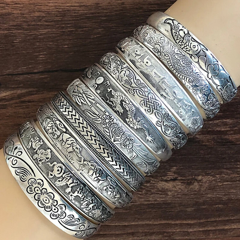 Retro Opening  Bracelet Jewelry Vintage Tibetan Silver Totem Carved Bangle Cuff