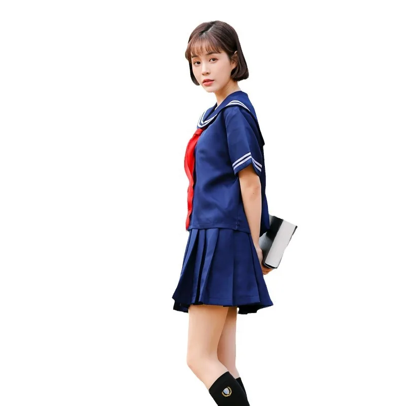 Daily Wear Japanese Style Student Traditional Sailor School Uniform Dark Blue Two-piece  Uniform With Pleated Short Skirt.