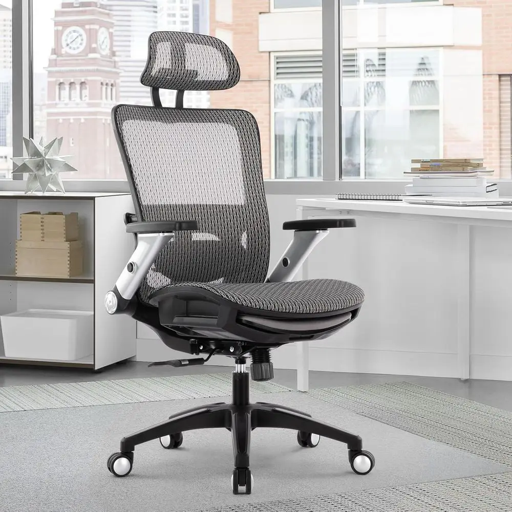

Ergonomic High-Back Mesh Office Chair with 4D Armrests, Adjustable Lumbar Support, and Footrest - Grey