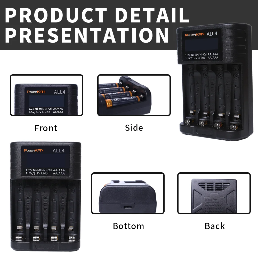 POWERKAN ALL4 AA/AAA mała wygodna ładowarka do 1.2V Hi-MH i 1.5V/3. 7vli-ion z ekranem LCD