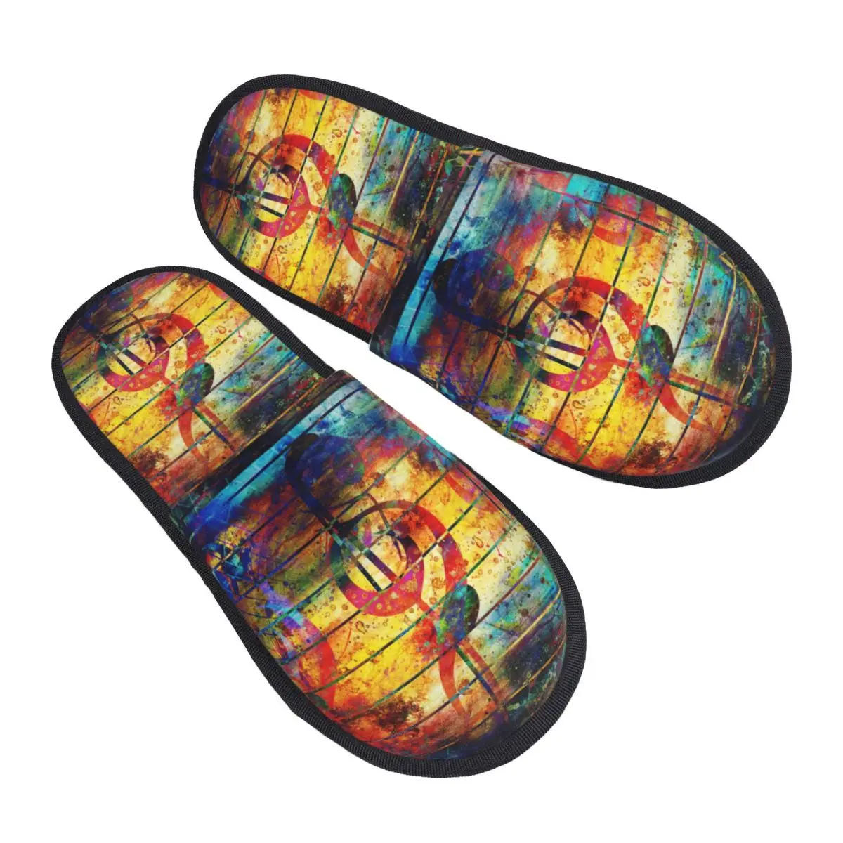

Winter Women Men Non-Slip Flat Slippers Abstract Colorful Music Notes And Violin Clef Indoor Fur Soft Warm Shoes