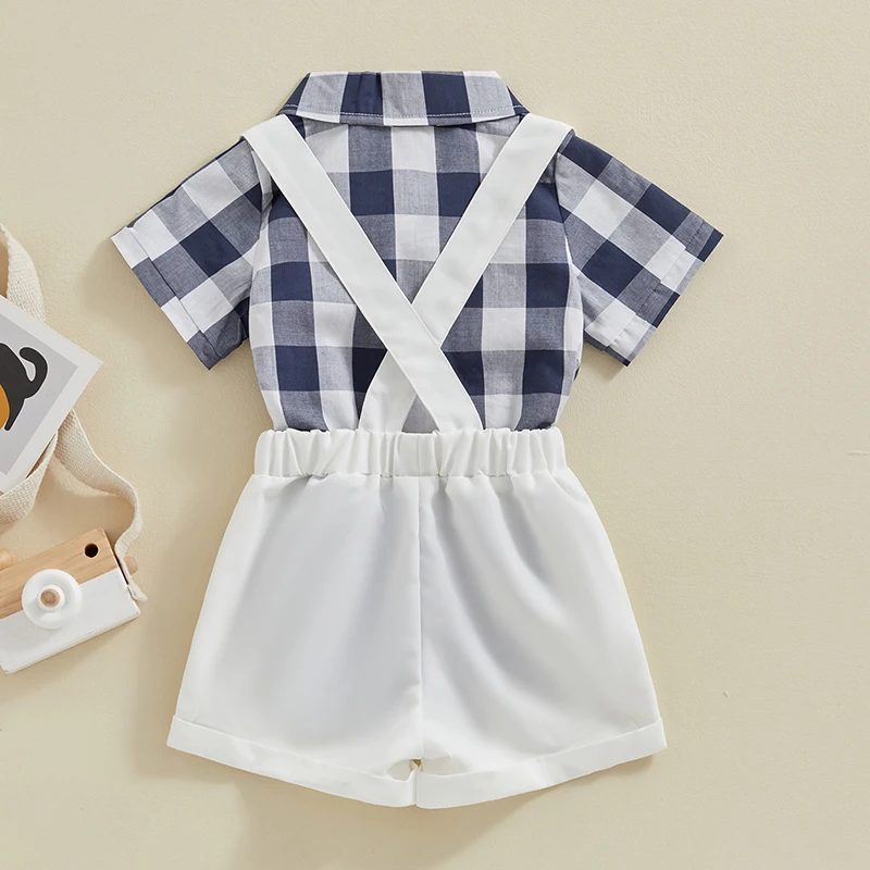 Toddler Baby Boys Gentleman Clothes Sets Short Sleeve Plaid Print Button Bowtie Romper Top Suspender Shorts