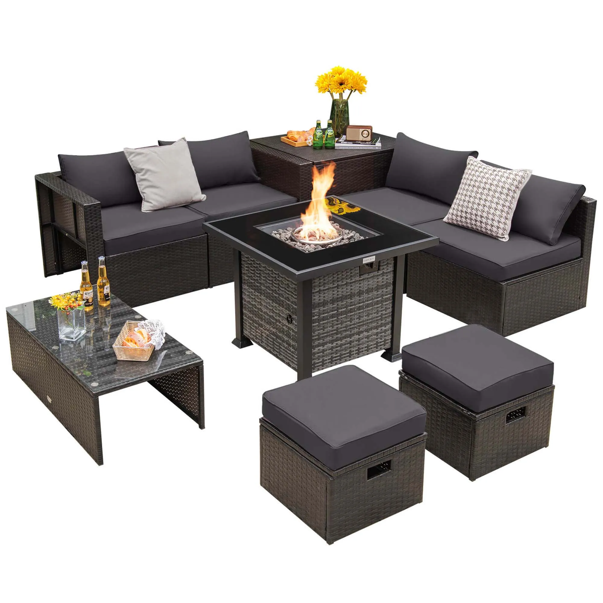 9 Pieces Patio Furniture Set with 50,000 BTU Propane Fire Pit Table Gray