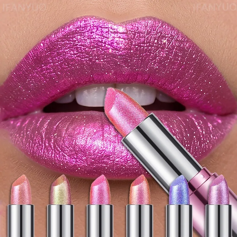 14-farbiger metallischer violetter Lippenstift, polarisierendes Pigment, Diamant-Glitzer-Lipgloss, wasserfest, langlebig, goldfarbener Perlenglanz, sexy Lippen-Make-up