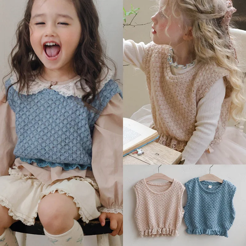

Girls Knit Vest 2025 Autumn Korean Kids Girls Lace Waffle Sweater Vest