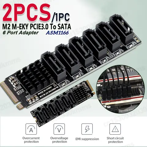 Carte adaptateur M.2 NVcloser PCI-E PCIE Tage X8 X16 à 6 ports 3.0 SATA, Riser III ASM1166 6 GB/S, châssis pour serveur PC, 6 000, 1 pièce