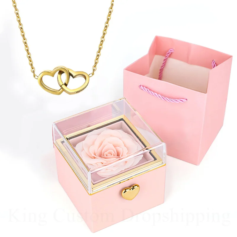 

2025 Magic Rotation Eternal Real Rose Box Double Heart Custom Engraved Name Steel Necklace for Valentine's Day Jewelry Gift