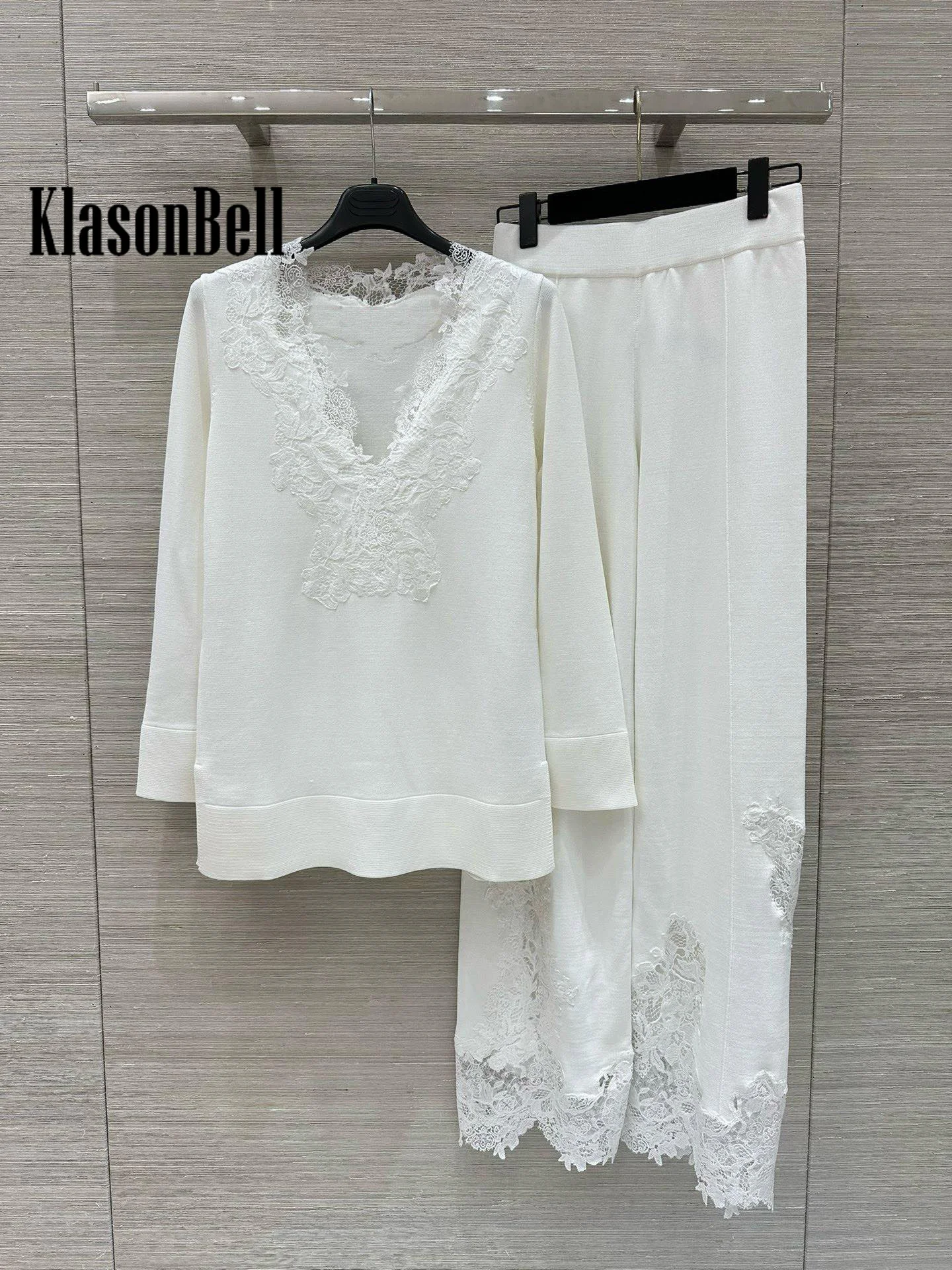 8.24 KlasonBell Women Lace Embroidered Appliques V-Neck Knitwear Sweater Or Elastic Waist Straight Pants Soft Elegant Knit Set