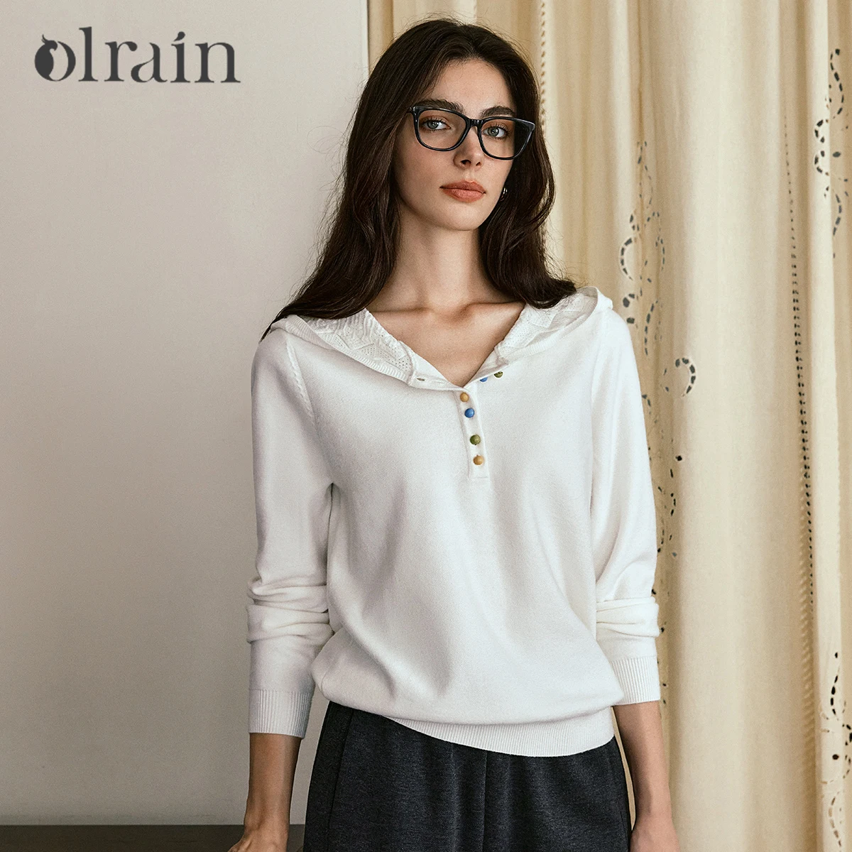 

OLrain French Hooded Pullovers 2025 Autumn Apricot Knitted Long Sleeve Sweaters Ladies Clothes Hot Sweet Women's Top O57QZ000196