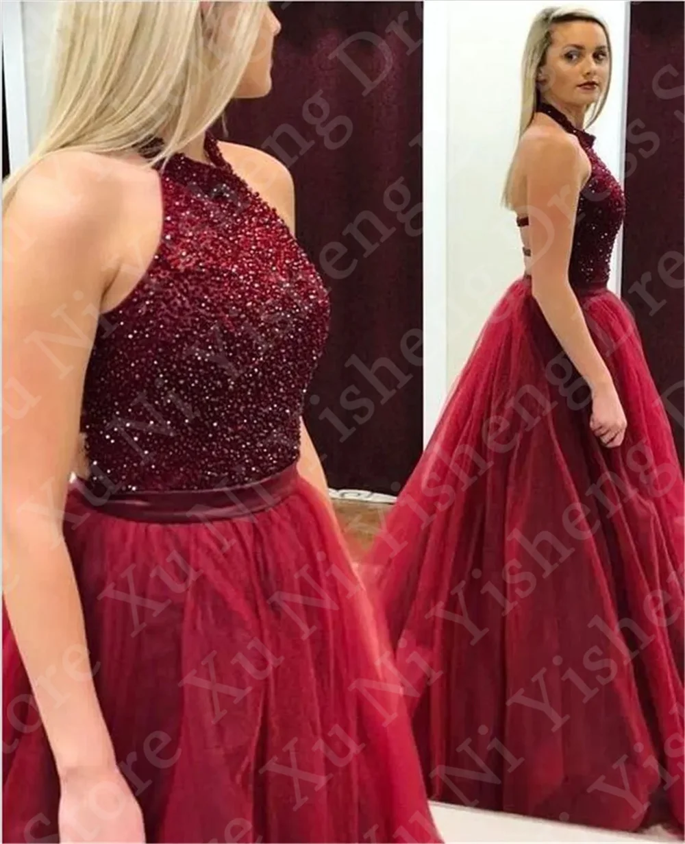 A linha de tule sem mangas grânulos Lantejoula Prom Dress, Sexy Halter Fashion Formal Dress, Vestido longo de luxo, 2024