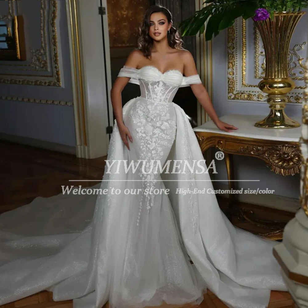 Glittering Lace Appliques Wedding Dresses With Detachable Train 2 In 1 Style Mermaid Off Shoulder Bridal Gowns Customized 2026