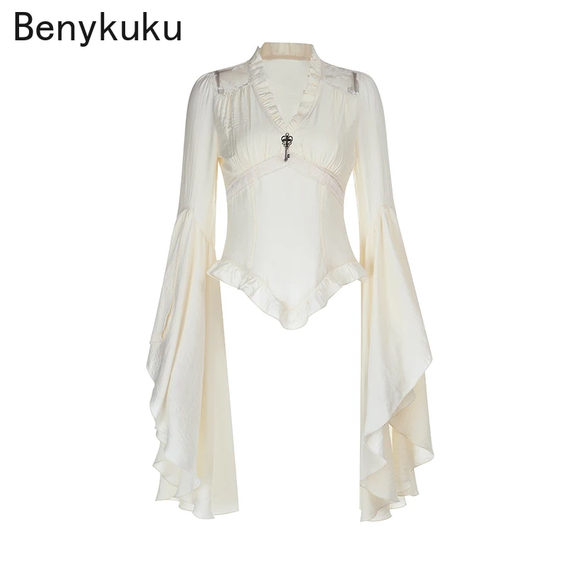 

Goth Court Style Long Flare Sleeve V-neck Ruffle Blouses Slim Vintage Shirt Women Halloween Outfits Woman Clothes Streetwear Top