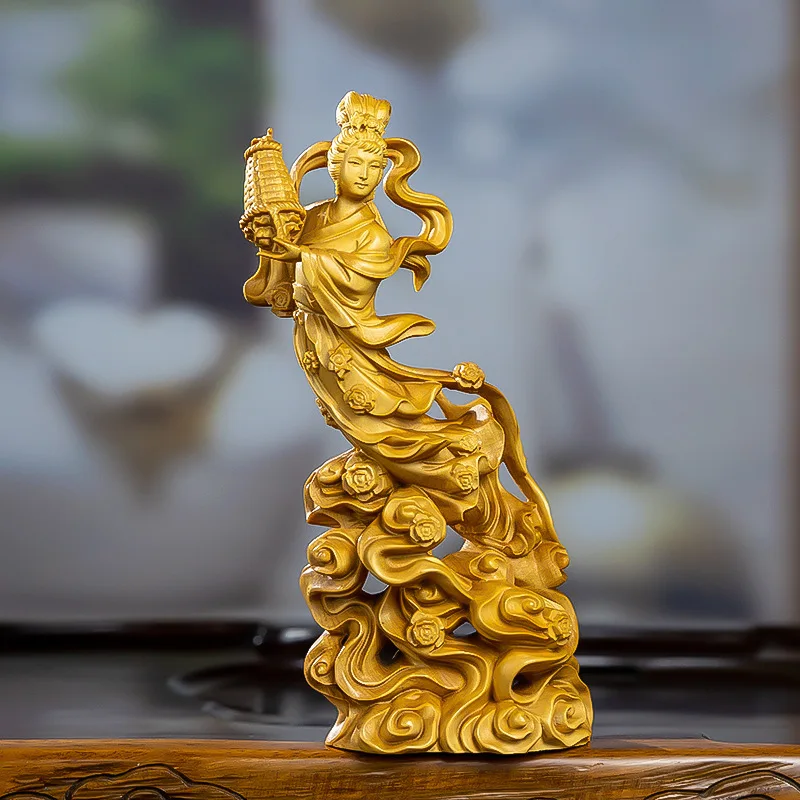 Natural Boxwood  Beauty Scattered Flowers Figure Statue Solid Wood Carving Chinese Traditional Art Home Room Office Decorations