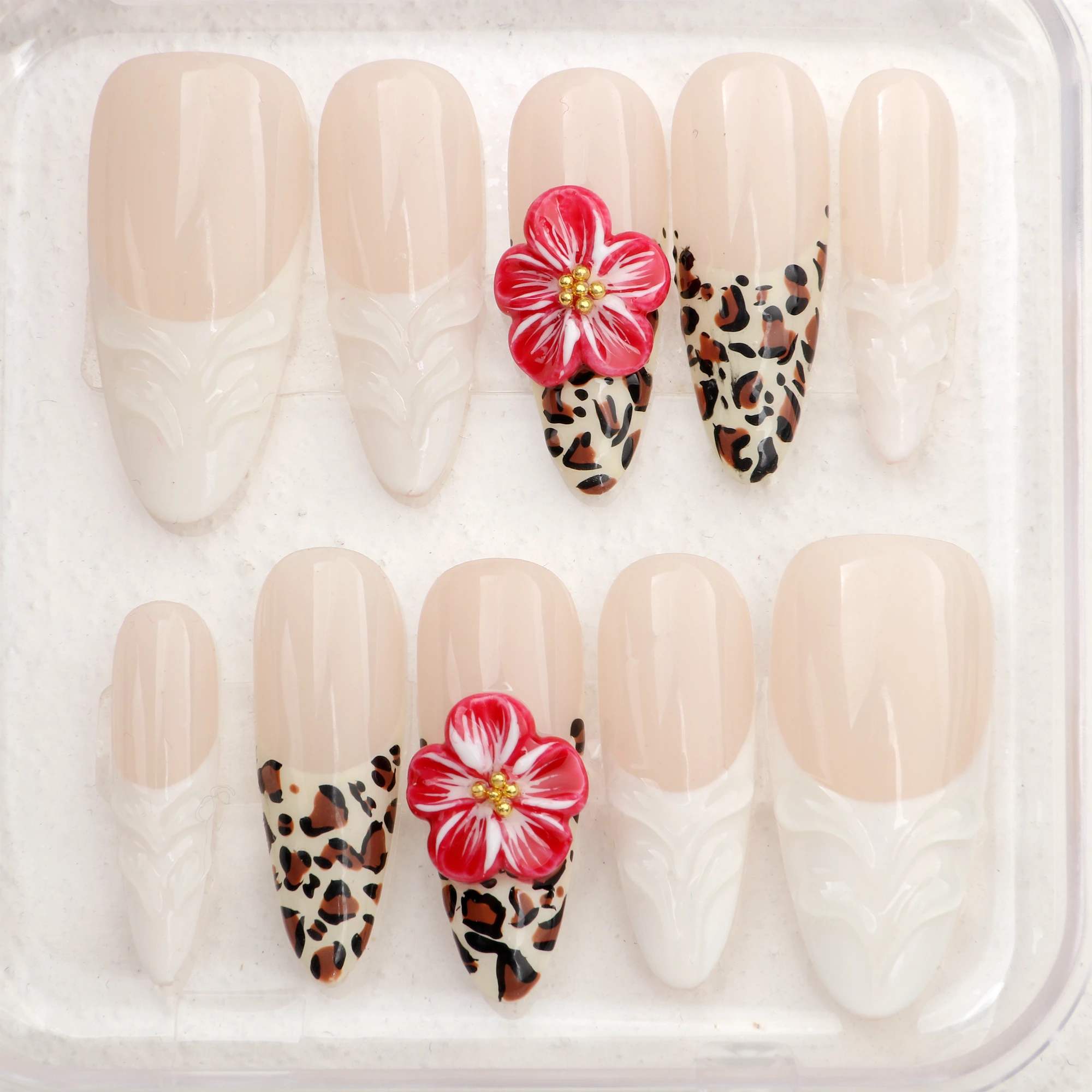 10 Uds manicura hecha a mano uñas postizas largas de almendra flores únicas con estampado de leopardo 3D diseño de uñas con juego de limas de uñas adhesivas