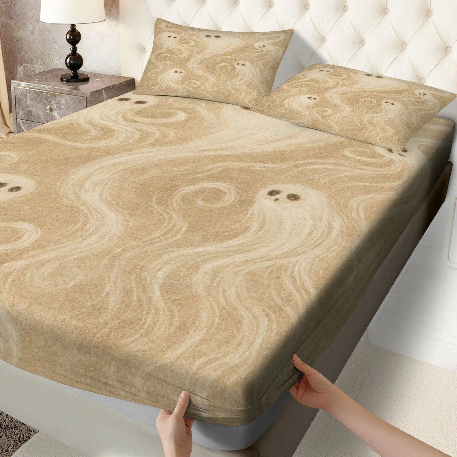 3-Piece Mattress Protector Set, 2D Flat Printed Fitted Sheet, Spooky and Fun Beige Fitted Sheet Set, Halloween Theme, Home Bedroom Decoration, Holiday Fitted Sheet and Pillowcase, Mattress Protector, Stain-Resistant, Mattress Cover, Suitable for All Seasons, Machine Washable, Easy to Care For, Universal for Home Bedrooms, Essential for Dorms and Rentals, Master Bedroom and Guest Room Decoration, Dust-Proof and Stain-Resistant, High Elasticity, Fits Various Sizes