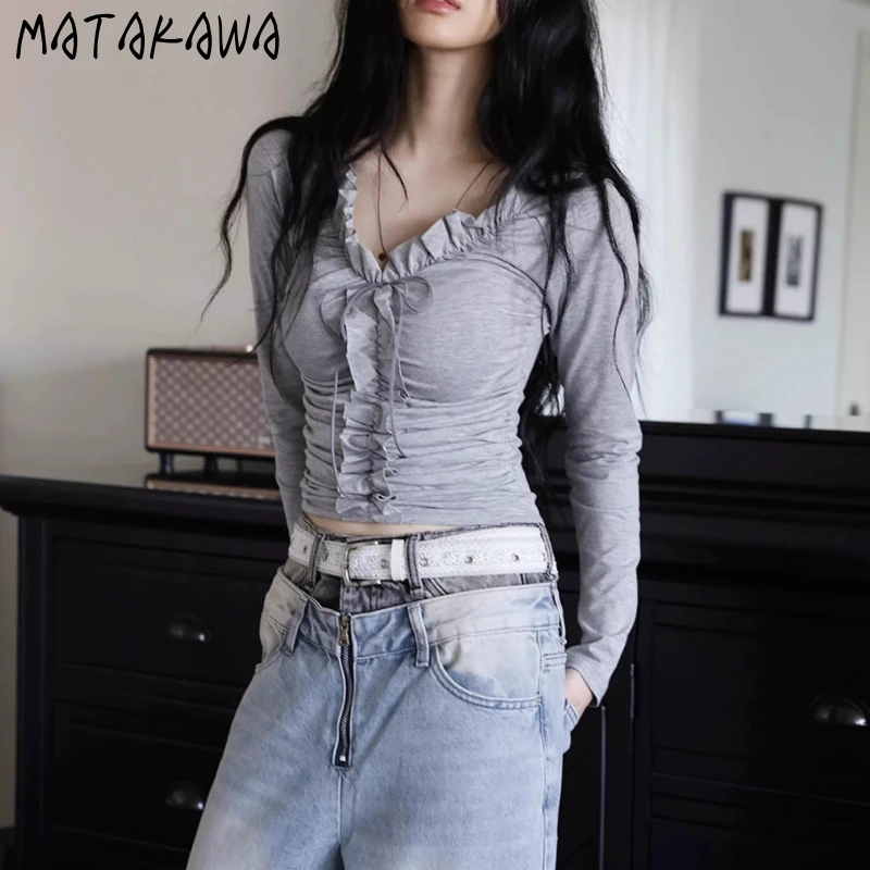 

Matakawa Y2k Lace Up T Shirt for Women Solid Ruffles Spring Autumn Ropa De Mujer Korean Fashion Vintage Sexy Short Tees