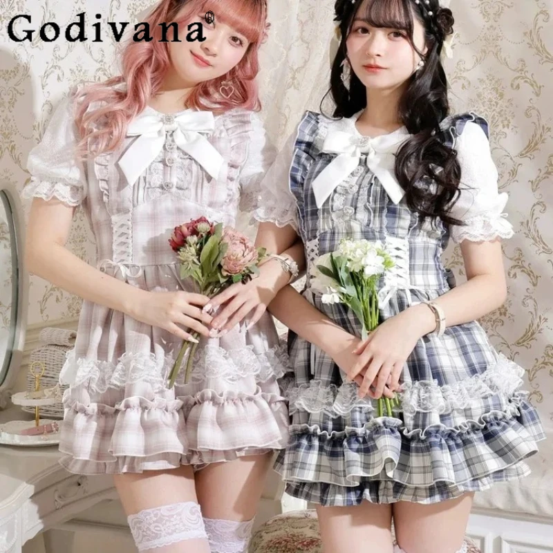 

Mine Mass-Produced Plaid Dress and Shorts 2-Piece Set Summer Women's Slimming Cute Bow Lace Short Sleeve Top and Shorts Outfit