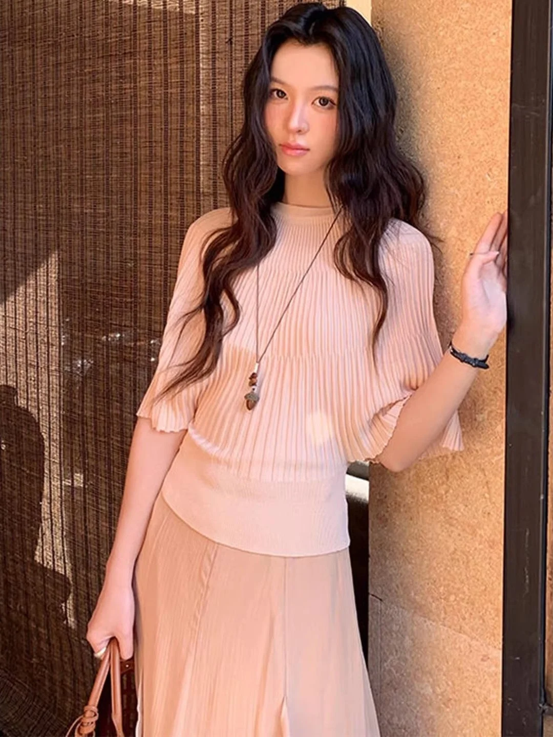 French Style Batwing Sleeve Ice Silk Knitted Short Sleeve round Neck Cowl Neck Shawl Women's Summer Casual Loose Fit Top