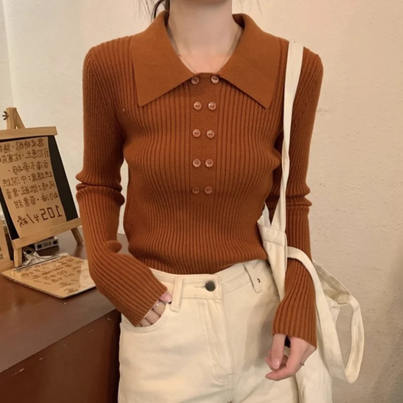 

Женский осенне-зимний новый вязаный топ: стильный облегающий свитер с отложным воротником, универсальный базовый элемент для повседневной носки