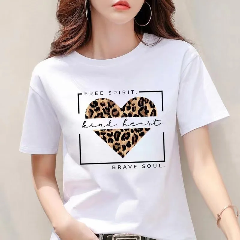 2024 Heart Flower Print T-shirts for Women Top Brave Soul Y2k T-shirt Korean Fashion Kawaii Short Sleeve Tee Summer Tops White