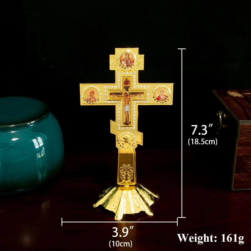New Orthodox Standing Crucifix Gold Silver Byzantine Icon Cross Jesus Saints Golgotha Rhinestone Altar Church Christian Gift