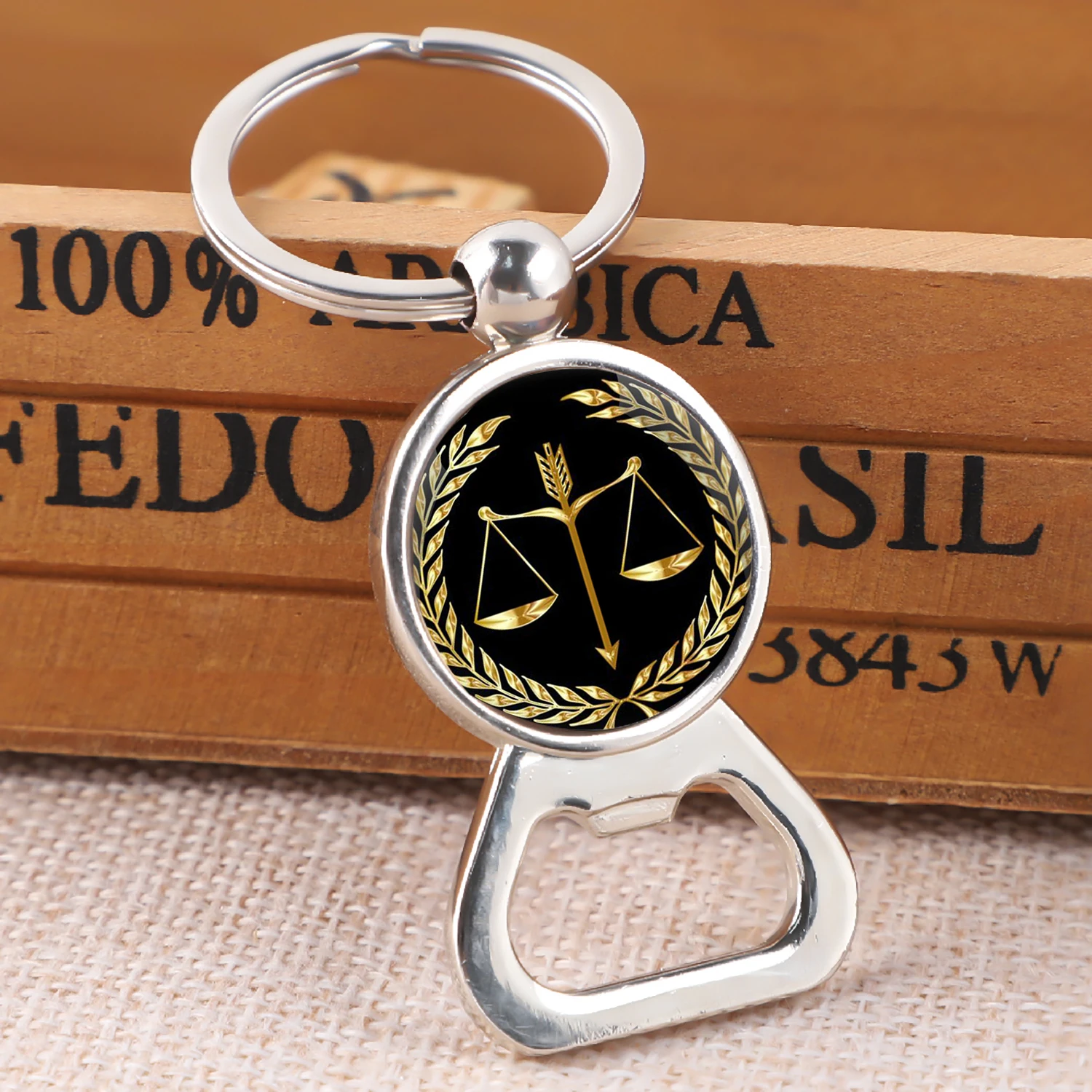 Lawyer Justice Scale Judge Bottle Opener Keychain Silver Plated Glass Cabochon Metal Key Chain Keyring Jewelry