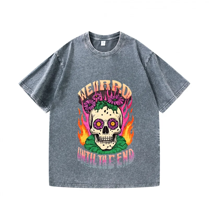 

Men's T-shirt New Washed Style Skull With Flowers And Flames 100% Cotton Fun Print