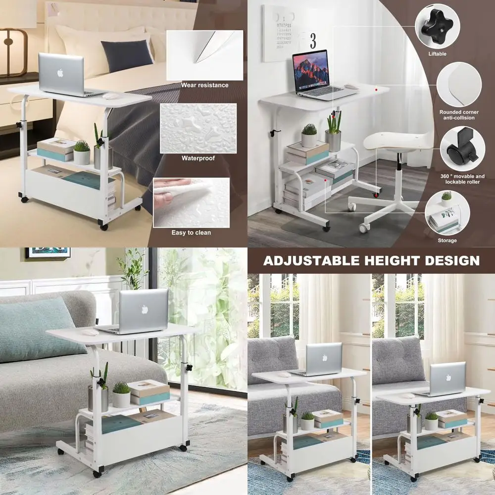 

Adjustable Height Laptop Desk with Storage, White - Ideal for Bedroom, Sofa, and Home Office Use