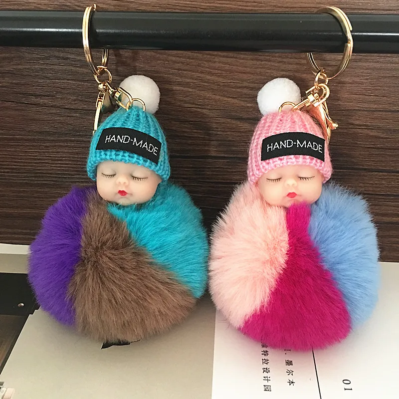 infant keychain Pompom sleeping baby keychain cute fluffy Plush doll Keychains Women Girl Bag keyrings Cars Key ring Jewelry