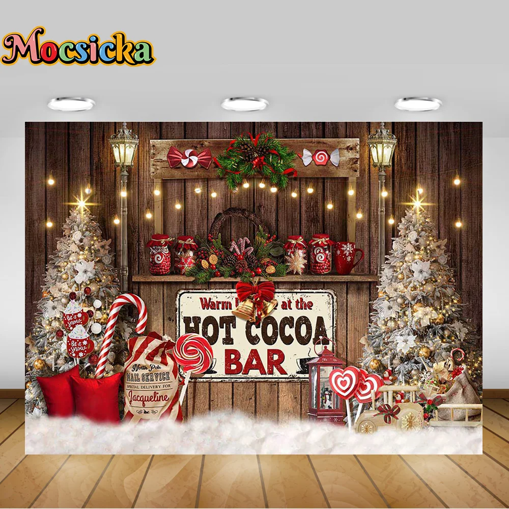 Christmas Hot Cocoa Bar Photography Backdrop Warm Xmas Portrait Photocall Winter Retro Wooden Candy Shop Banner Photo Background