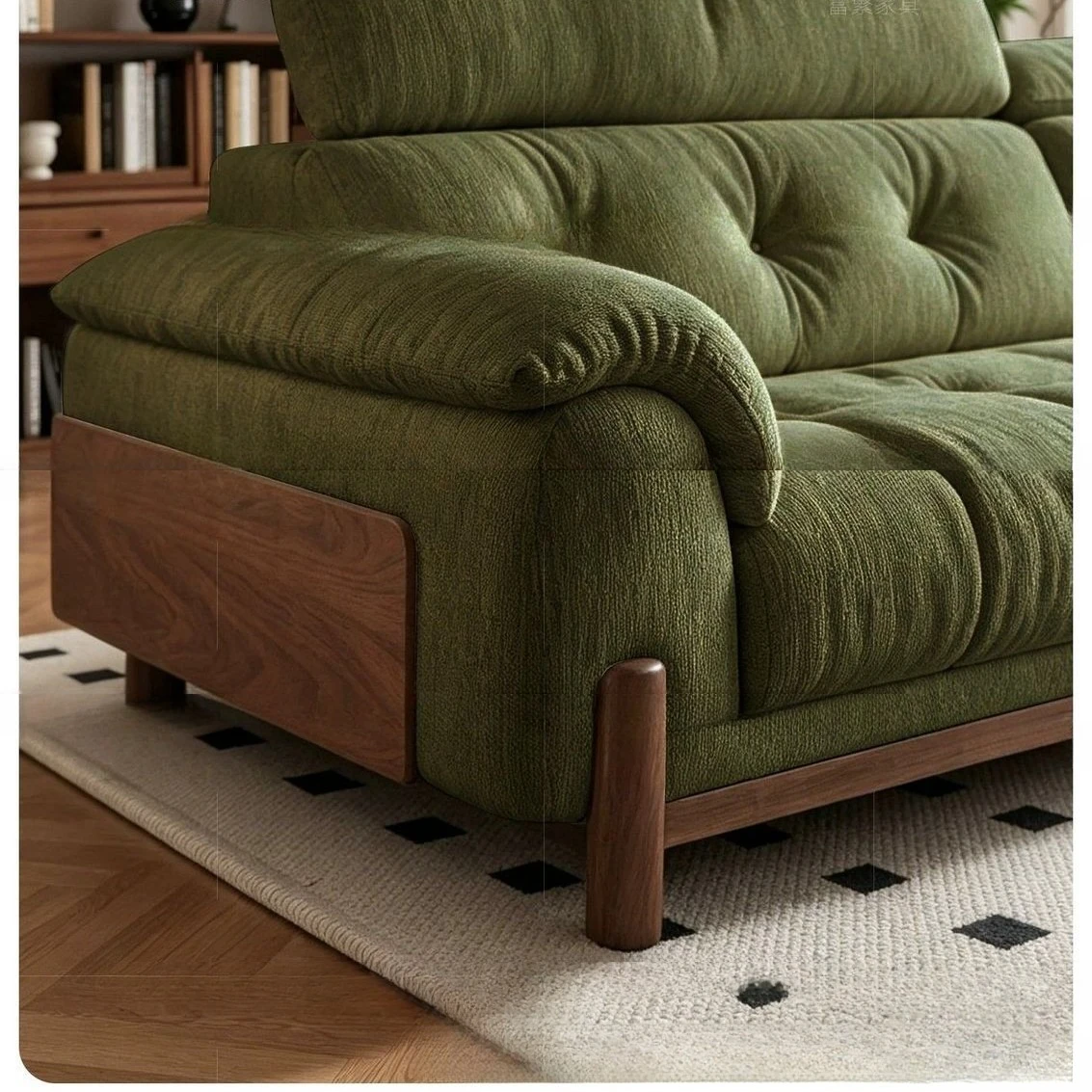 Medieval style, dark green, corduroy fabric sofa, large sitting depth, adjustable headrest, solid wood straight row sofa