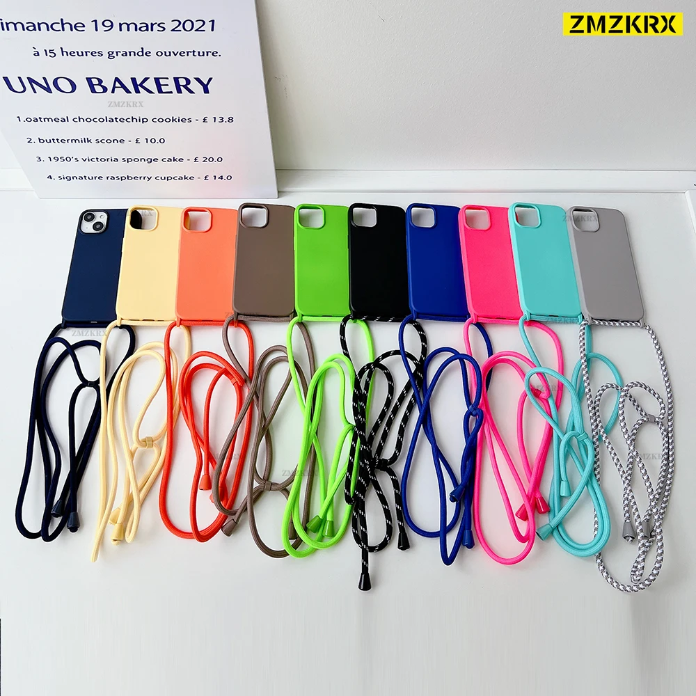 New Crossbody Lanyard Liquid Silicone Phone Case For iPhone 11 12 13 14 15 Pro Max XS X XR 7 8 Plus SE Necklace Strap Soft Cover