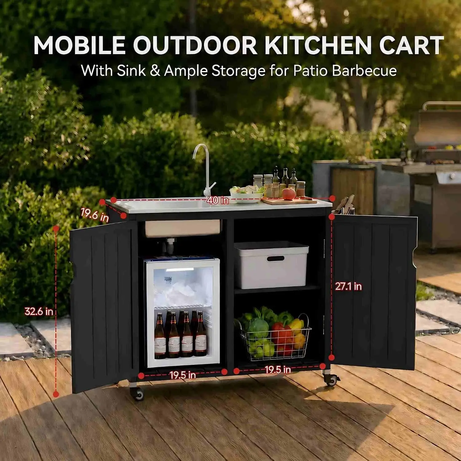 Outdoor Kitchen Island with 304 Stainless Steel Sink and Large Storage Cabinet,40-Inch BBQ Prep Station with Sink & 360