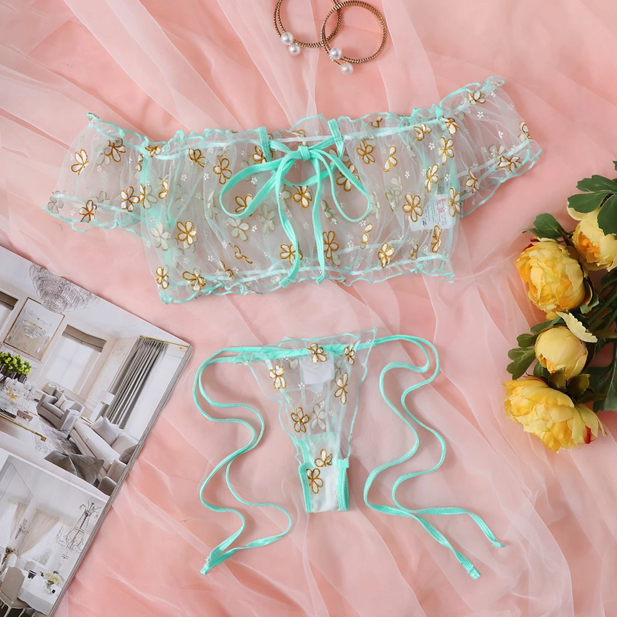 

Sexy Fancy Lingerie Set 2 Pieces Transparent Halter Off Shoulder Women's Underwear Beautiful Daisy Print Bra And Panty Sets