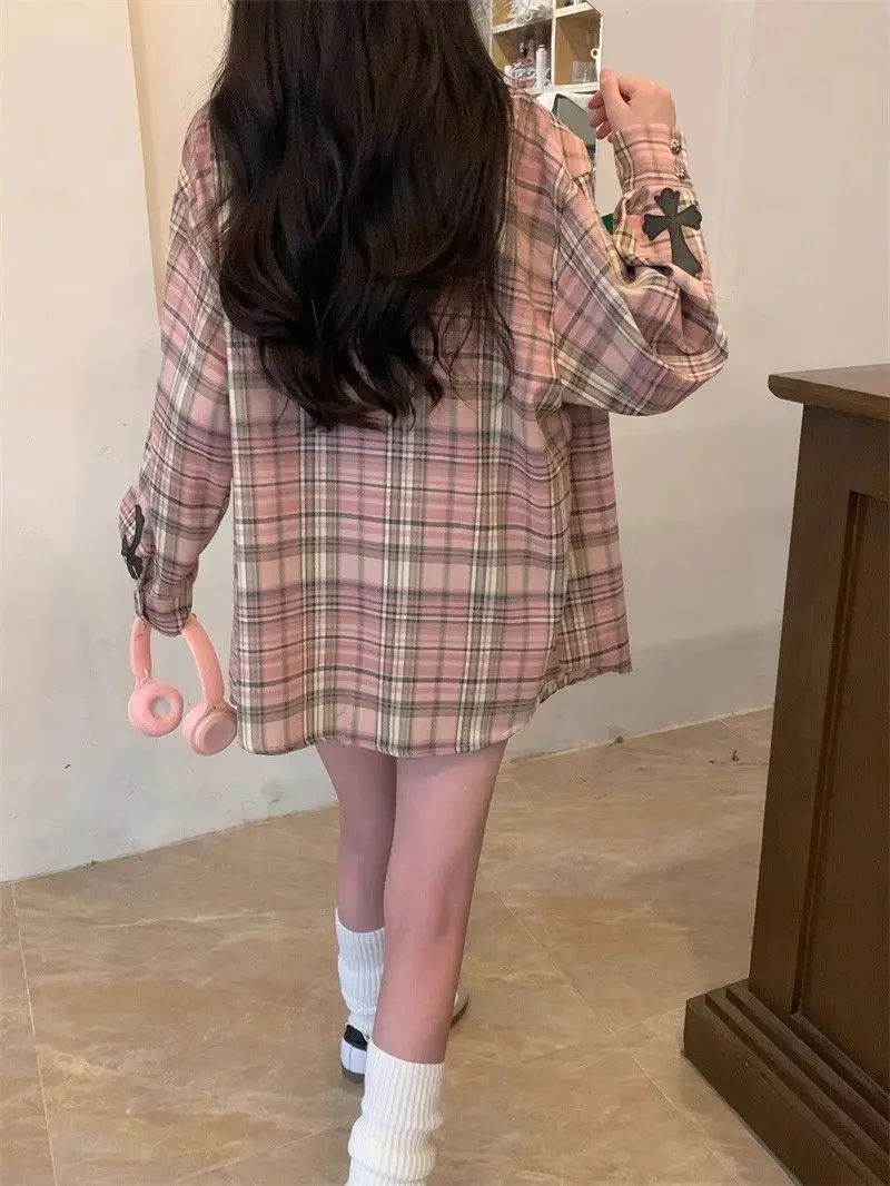 Plaid Shirt Pink Cross Button Up Blouses Female High Street Long Sleeve Tops Hippie Spring Oversize Streetwear Ins Women