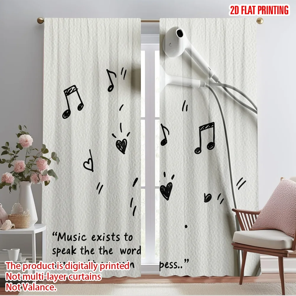 

2pcs 2D flat printing Party Curtains Music Note Earphone Polyester Without Electricity Festive Curtains for Classroom Office