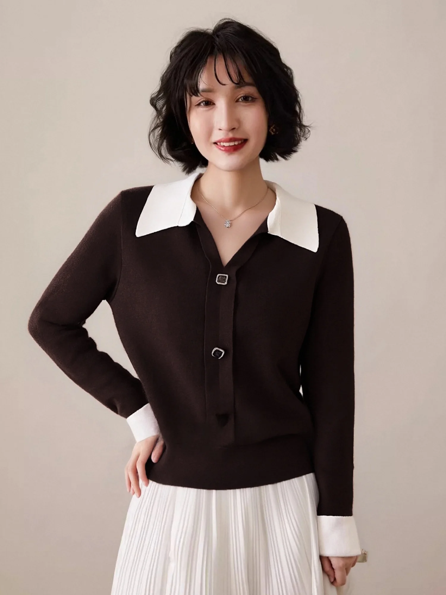 

Женский шерстяной свитер Chivirin с воротником, контрастным дизайном, французский стиль, повседневная одежда, длинный рукав, обеспечивает тепло