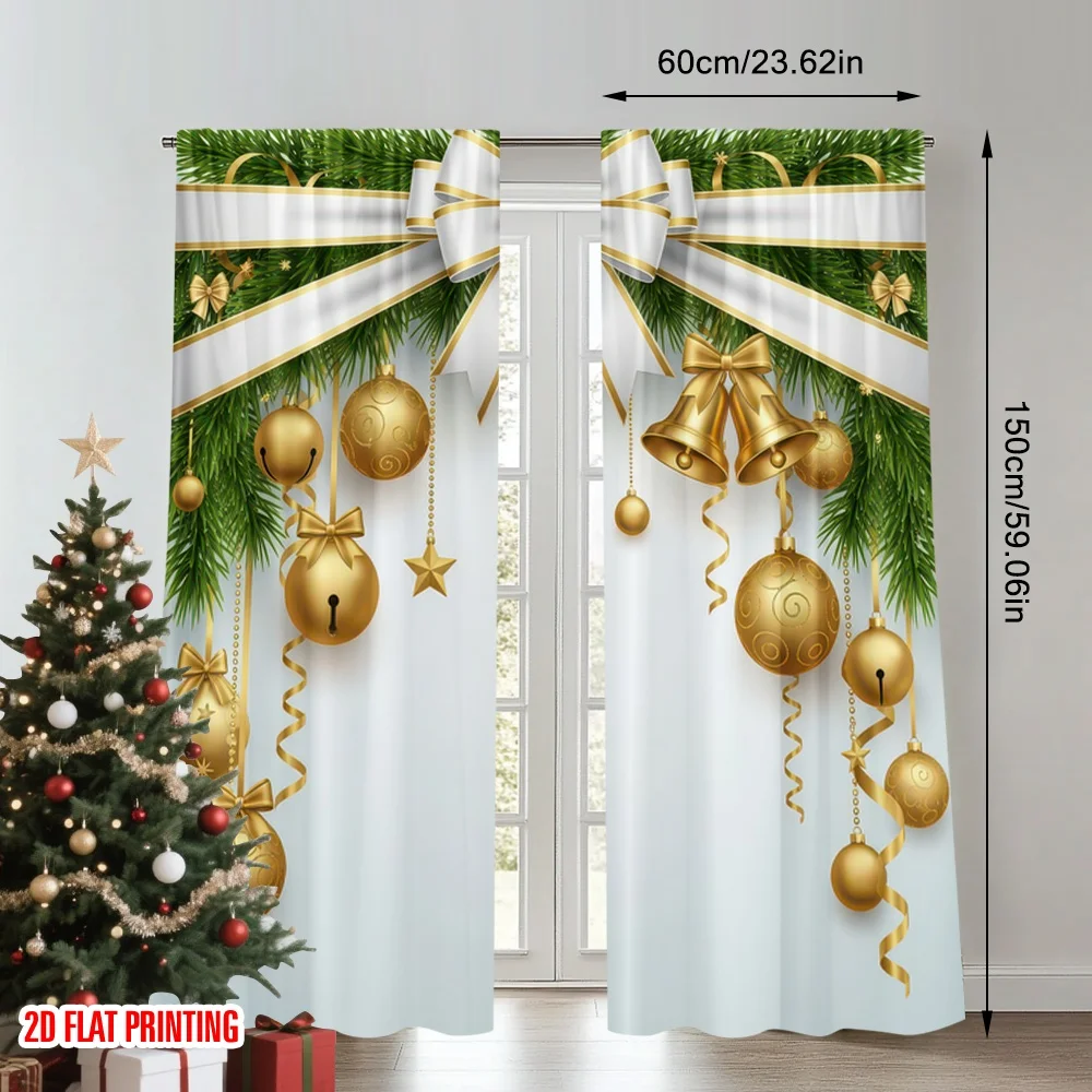 2D flat printing 2pcs Happy Christmas Party Curtains Golden Christmas Bells Fir Branches Digital Printed Polyester Drapes