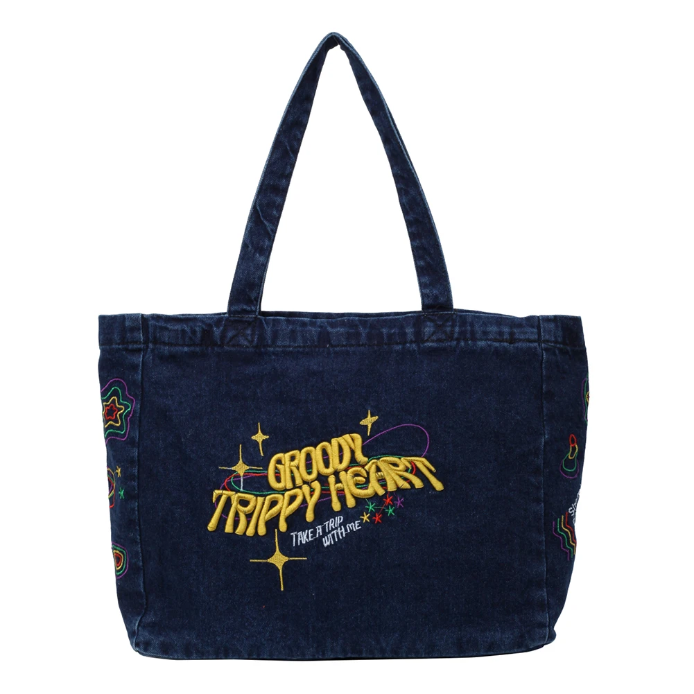 Denim Shoulder Bag Large Capacity Embroidered Fashion Handbag Aesthetic Travel Shopper Hobo Bag for Women and Girls