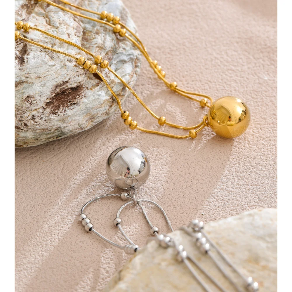 Yhpup-Cadena de doble capa de acero inoxidable, colgante redondo apilable, Collar resistente al agua chapado en oro y platino de 16K, joyería