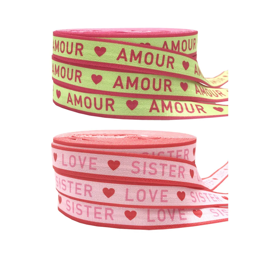 10Yard LOVE SISTER VIBES GOOD Print Letters Fold Over Elastic 15MM FOE Ribbon For DIY Headwear Gift Webbing Accessories