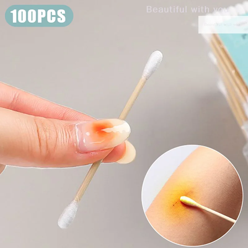 100PCS Double Head Wood Cotton Swab Women Makeup Cotton Buds Tip Wood Sticks Nose Ear Cleaning Baby Health Care Tools