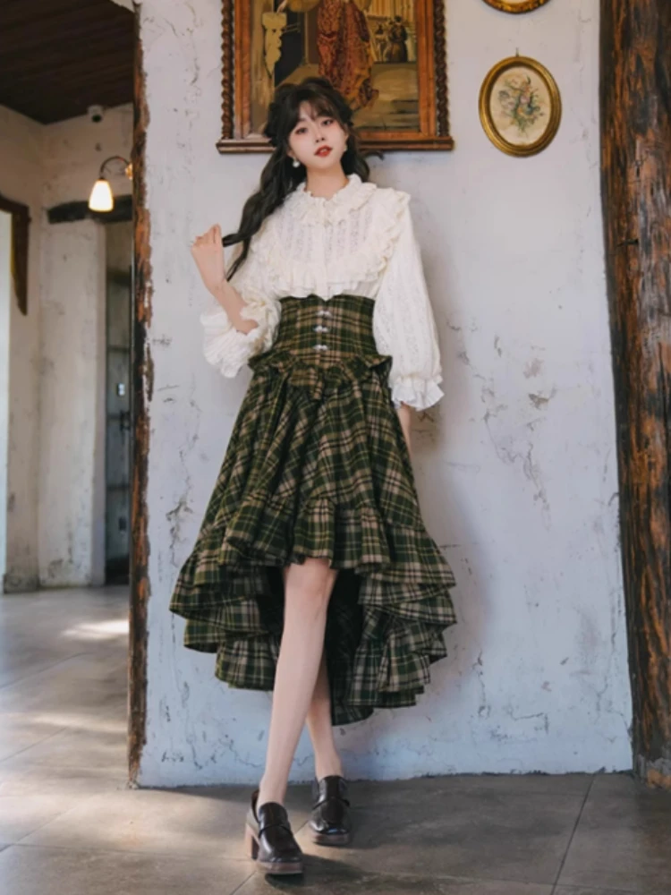 

Французский стиль, винтажный элегантный комплект из 2 предметов, женская милая кружевная рубашка с оборками, топы, тонкая клетчатая юбка, костюм, женская осенняя одежда в стиле ретро