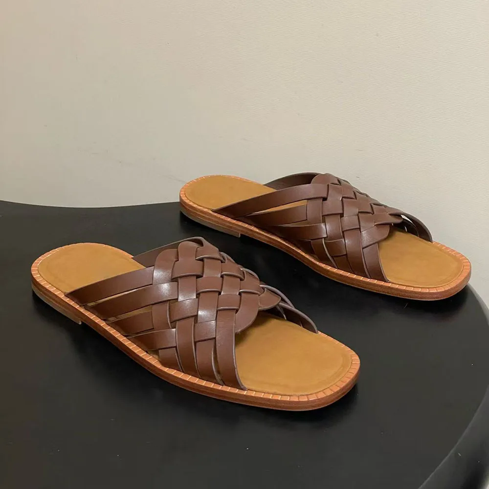 2026 top quality New Woven Leather Flat Slippers for Women, Open Toe Slip On Slides Sandals, Casual Summer Beach Shoes