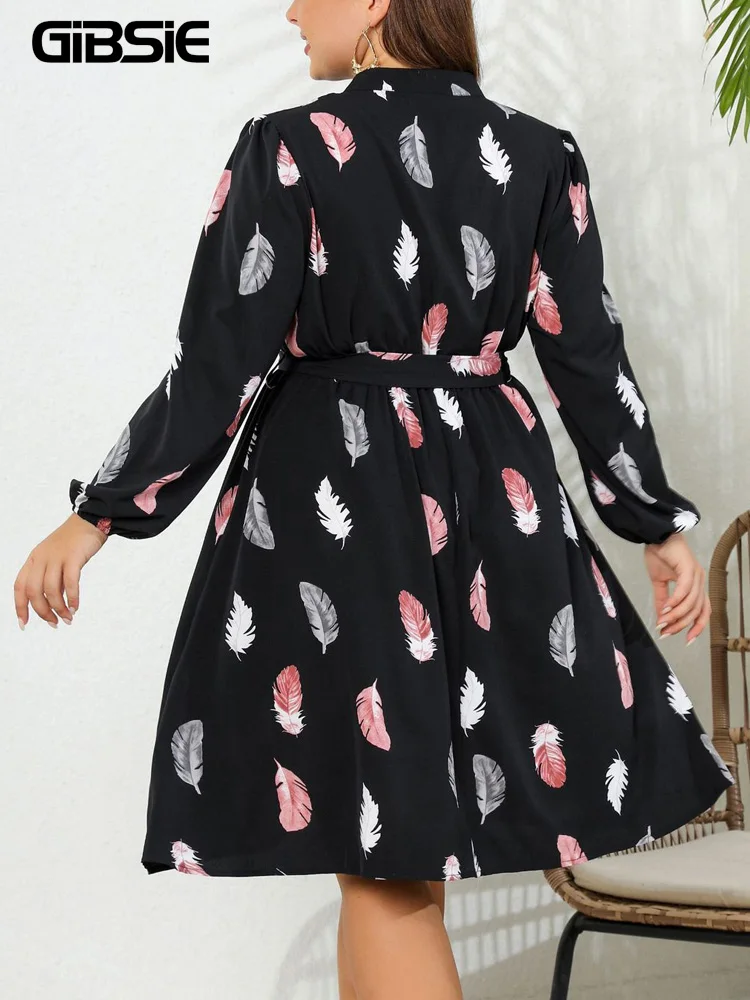 GIBSIE Plus Size Feather Print Casual Belted Dress Women Spring Fall Notch Neck Long Sleeve Korean Female Midi A-Line Dresses