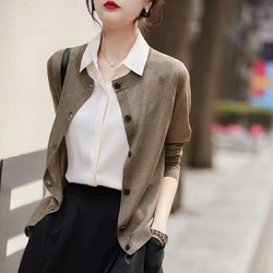 Long Sleeved Round Neck Thin Cardigan Women's Spring Autumn Solid Color Imitation Wool Cardigan Basic Style Transparent Knit Top